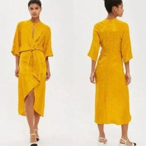 TOPSHOP Floral Jacquard Knot Tie Dress Satin Brocade Mustard Yellow